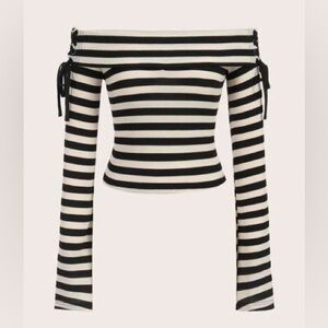 SHEIN Curve Off the Shoulder Striped Lace Up Shirt
